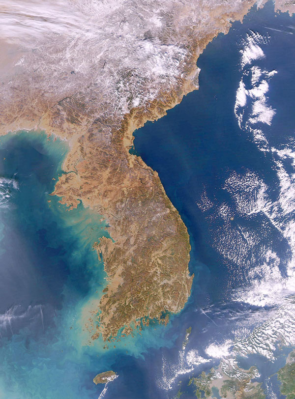 Large detailed satellite map (image) of Korean Peninsula.