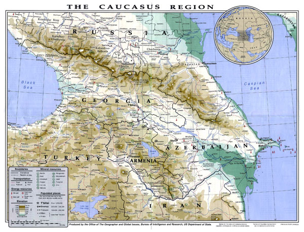 Detailed physical map of Caucasus Region. Caucasus Region detailed physical map.