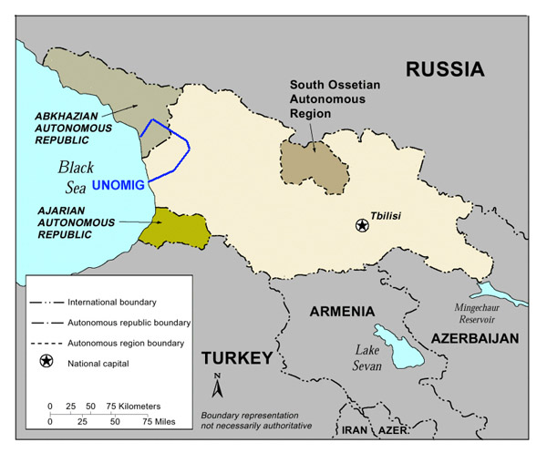 Detailed political map of South Ossetia and Georgia.