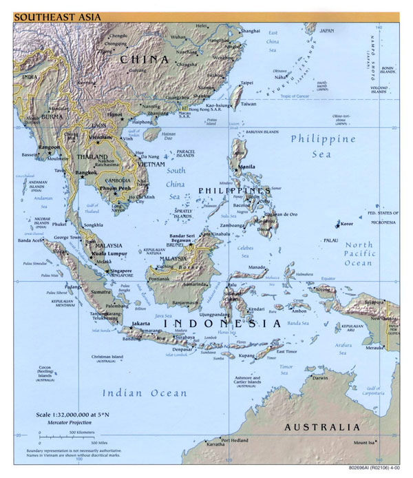 Large detailed political map of Southeast Asia with relief - 2000.