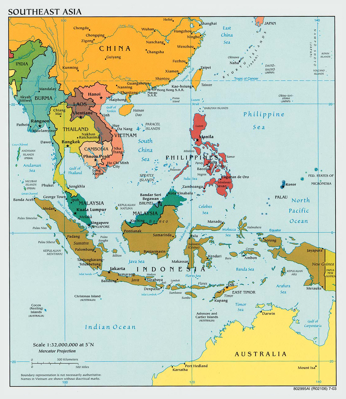 Large political map of Southeast Asia with capitals – 2003 | Vidiani