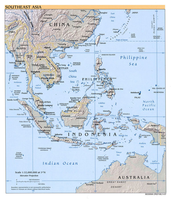 Large political map of Southeast Asia with relief 2007.