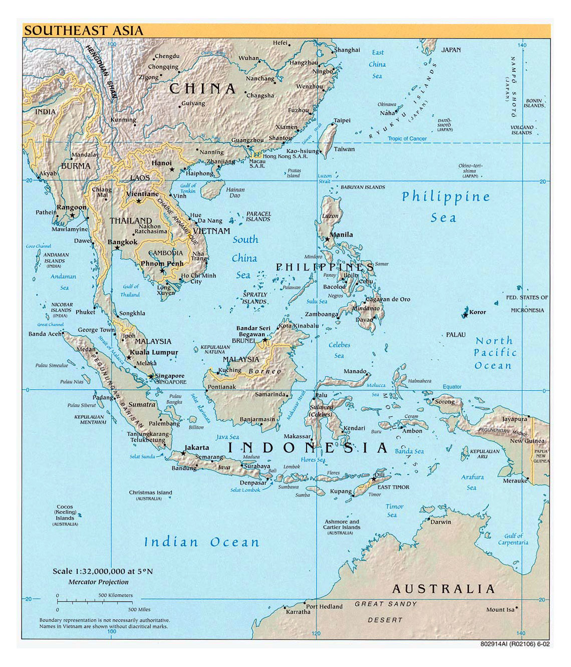 Large Political Map Of Southeast Asia With Relief Capitals And Major Cities 2002 Vidiani