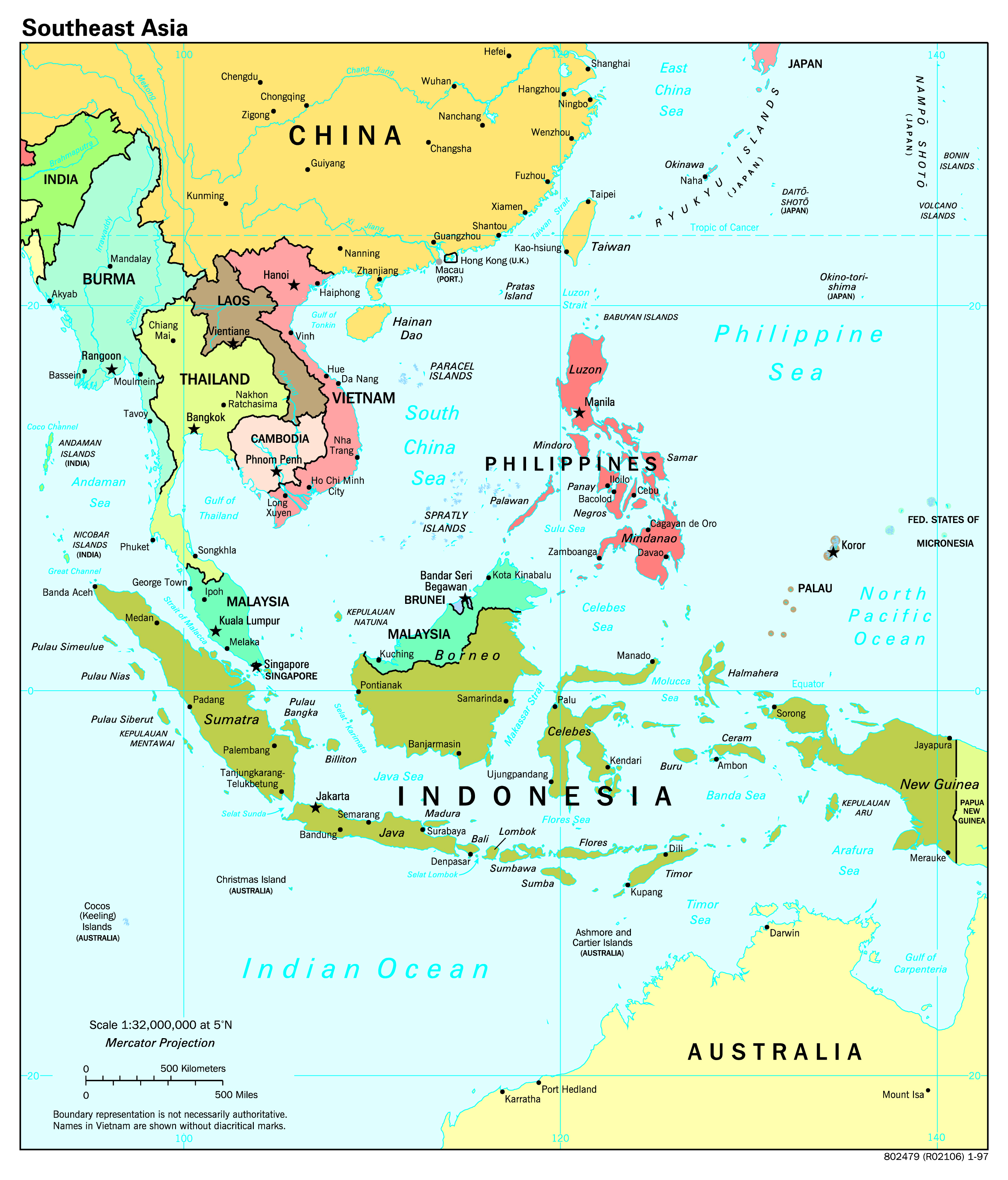Large Scale Political Map Of Southeast Asia With Capitals 1997