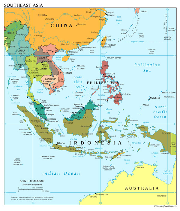 Large scale political map of Southeast Asia with capitals and major cities - 2013.