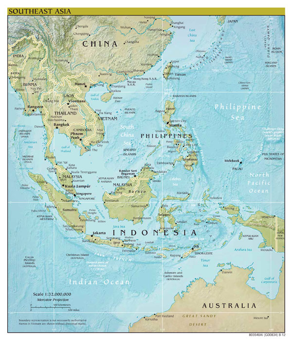 Large scale political map of Southeast Asia with relief - 2012.