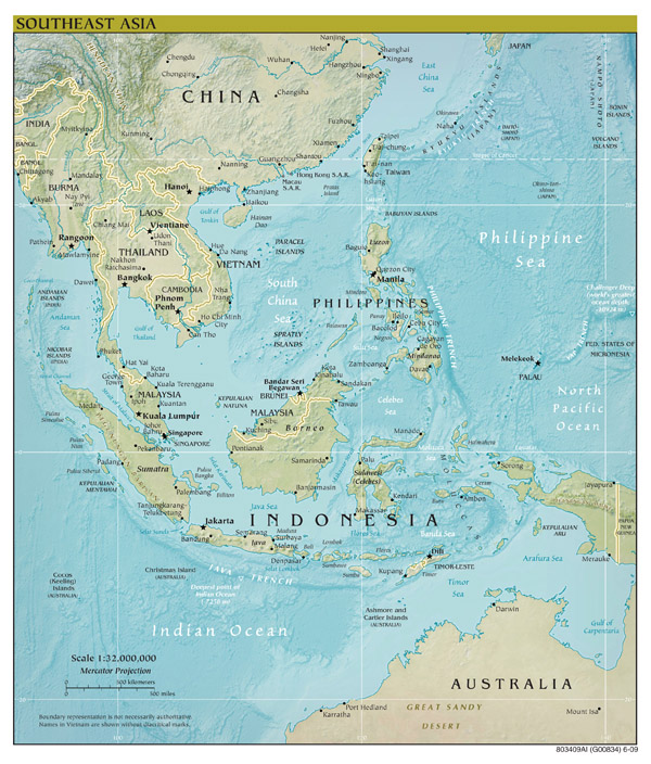Large scale political map of Southeast Asia with relief and capitals - 2009.