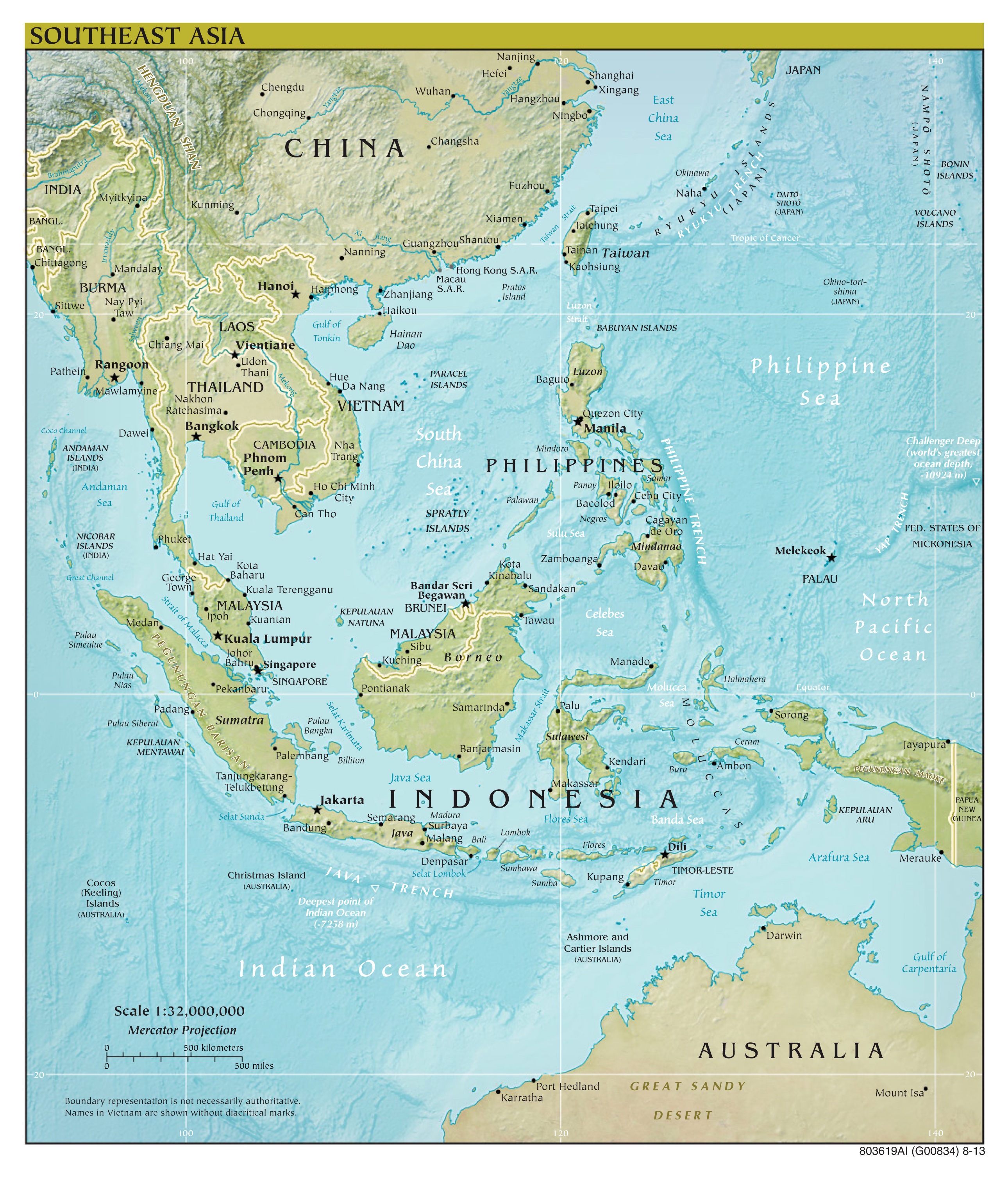 Large Scale Political Map Of Southeast Asia With Relief Capitals