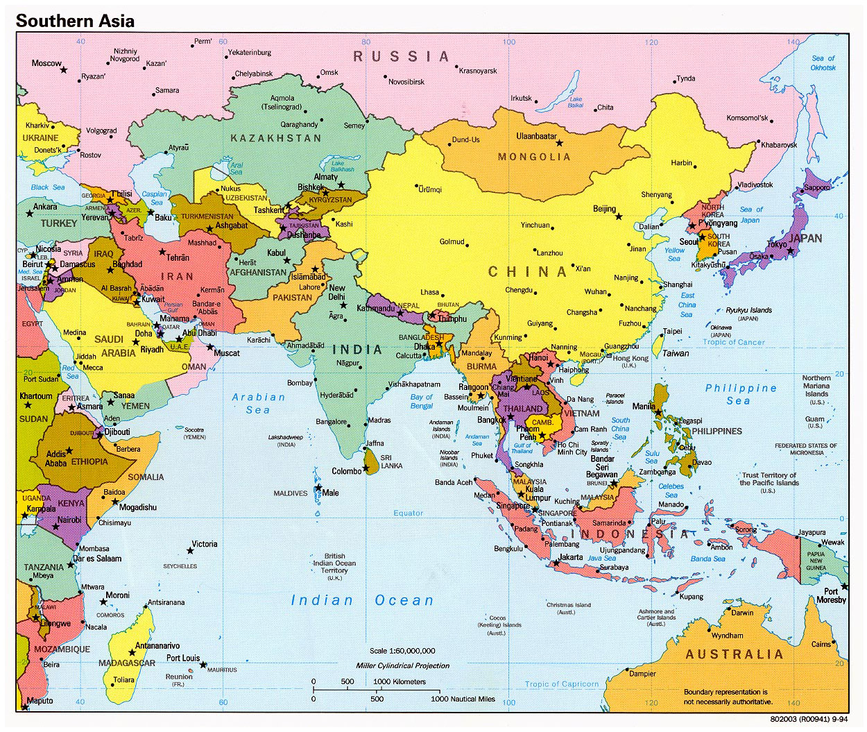 Detailed political map of Southern Asia with capitals and major cities