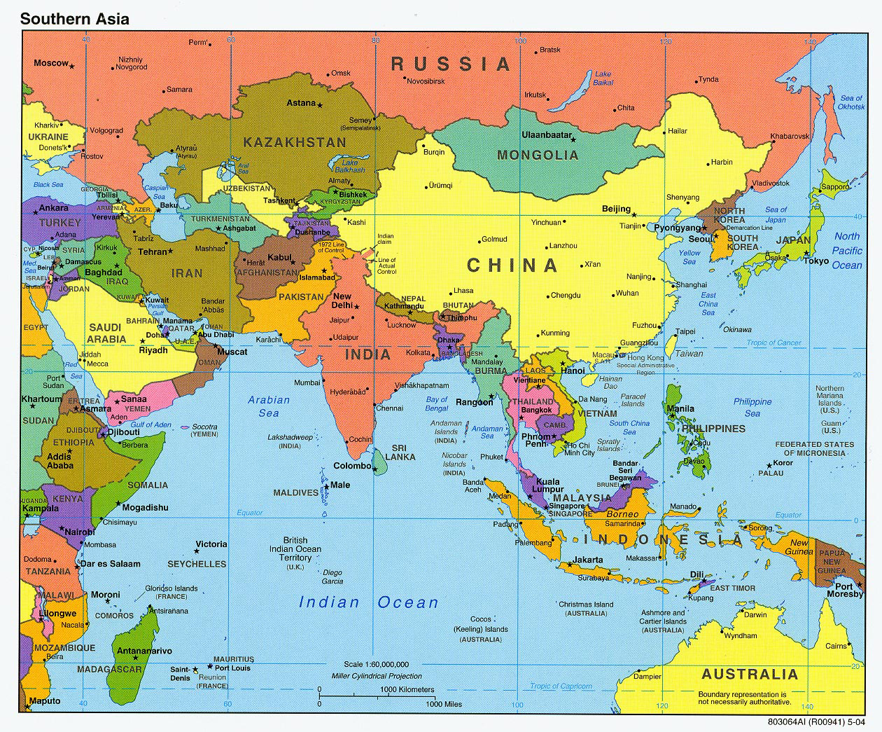 Detailed Political Map Of Southern Asia With Capitals And Major Cities