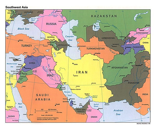 Large political map of Southwest Asia with capitals and major cities - 1996.