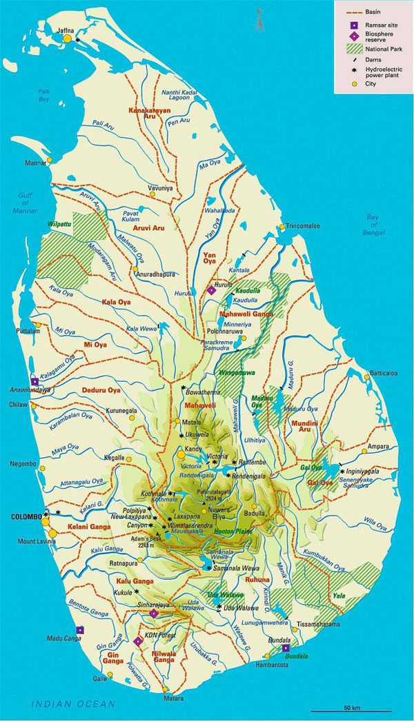 Administrative and physical map of Sri Lanka.