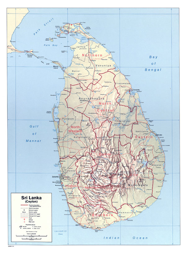 Large detailed political and administrative map of Sri Lanka with roads, railroads, cities, airports and sea ports.