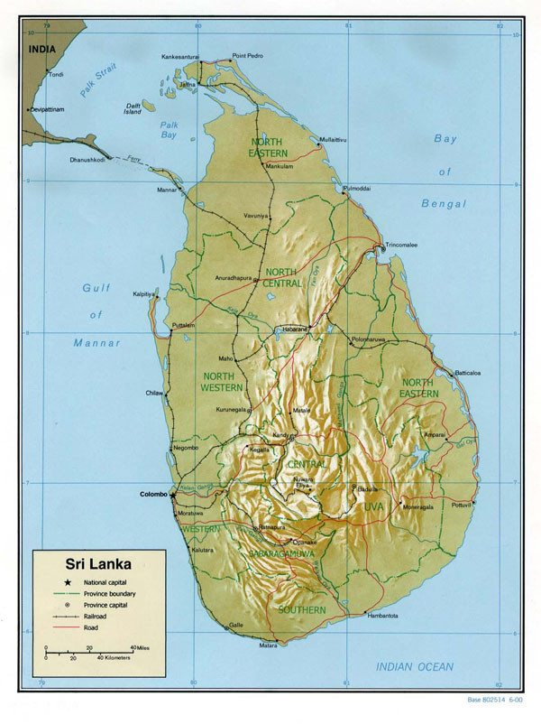 Large detailed relief and political map of Sri Lanka.