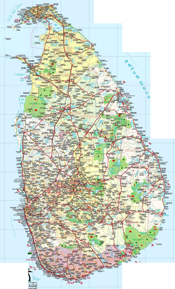 Large detailed road and tourist map of Sri Lanka.