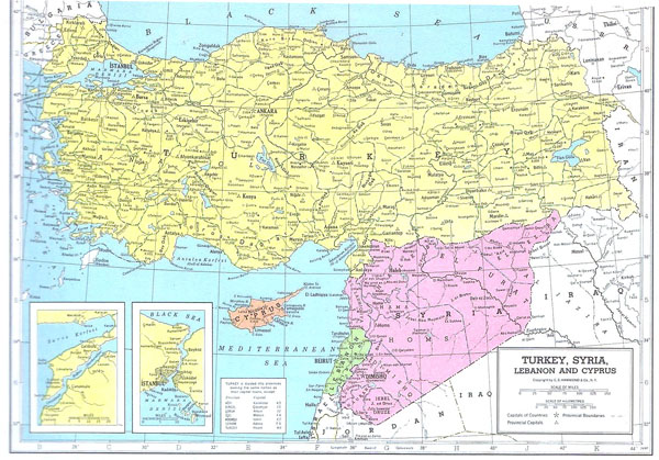 Detailed political map of Syria and Turkey. Syria and Turkey detailed political map.