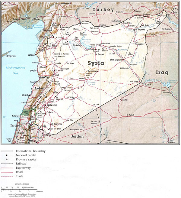 Detailed relief and administrative map of Syria.