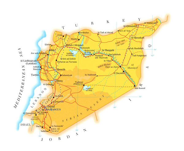 Detailed road map of Syria. Syria detailed road map.