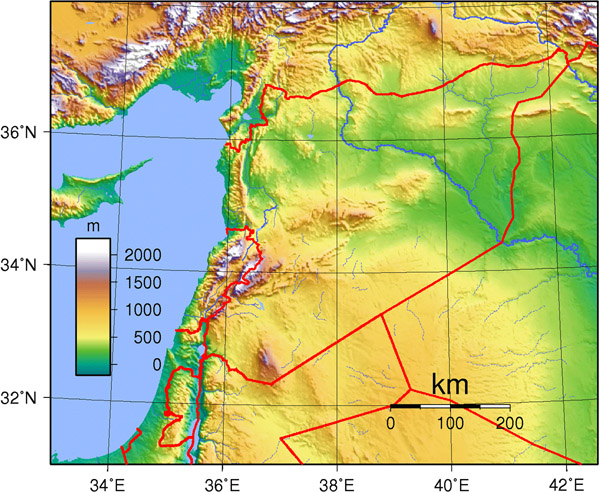 Detailed topography map of Syria. Syria detailed topography map.