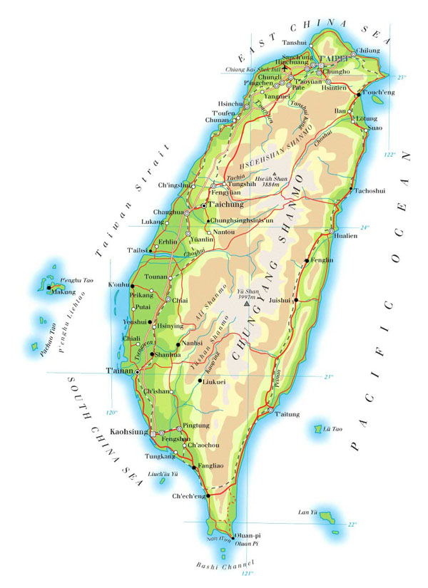 Large detailed road and physical map of Taiwan.