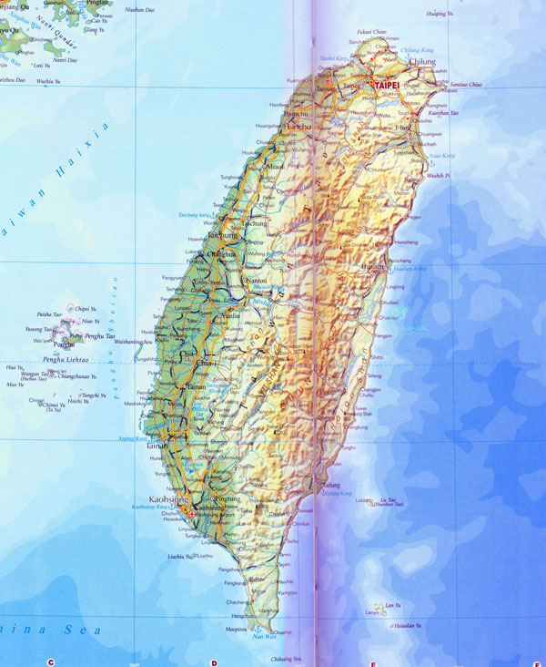 Large detailed road and topographical map of Taiwan.