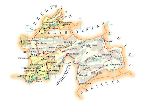 Detailed physical map of Tajikistan. Tajikistan detailed physical map.