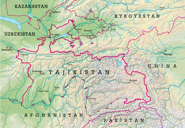 Large detailed relief map of Tajikistan. Tajikistan large detailed relief map.