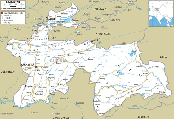 Large detailed road map of Tajikistan.