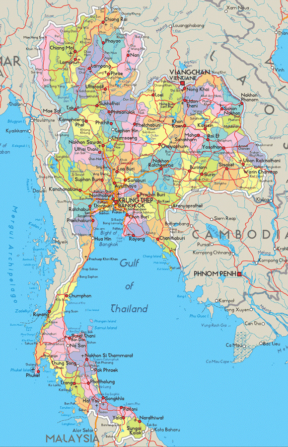 Administrative and road map of Thailand. Thailand administrative and road map.