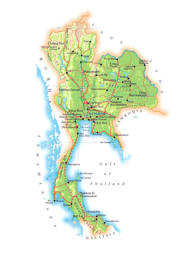 Detailed elevation and roads map of Thailand with major cities.