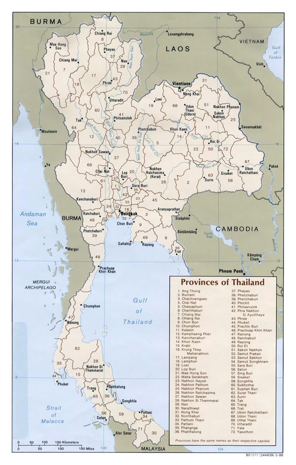 Detailed provinces map of Thailand - 1988. Thailand detailed provinces map - 1988.