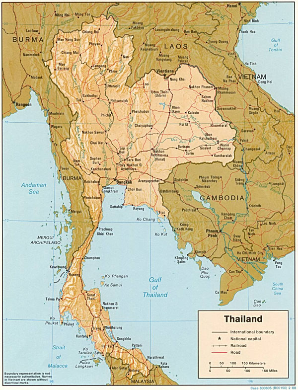 Detailed relief and political map of Thailand.