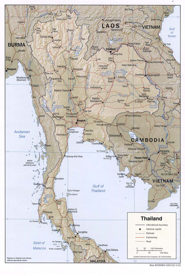 Detailed relief and road map of Thailand. Thailand detailed relief and road map.