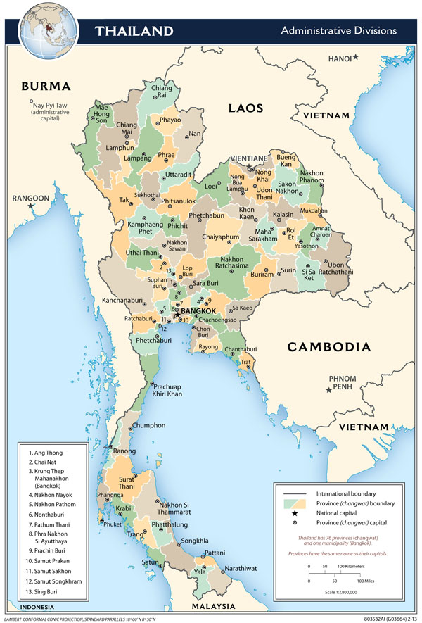 Large detailed administrative divisions map of Thailand - 2013.