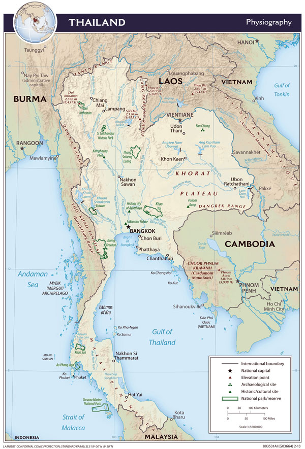 Large detailed physiography map of Thailand - 2013.