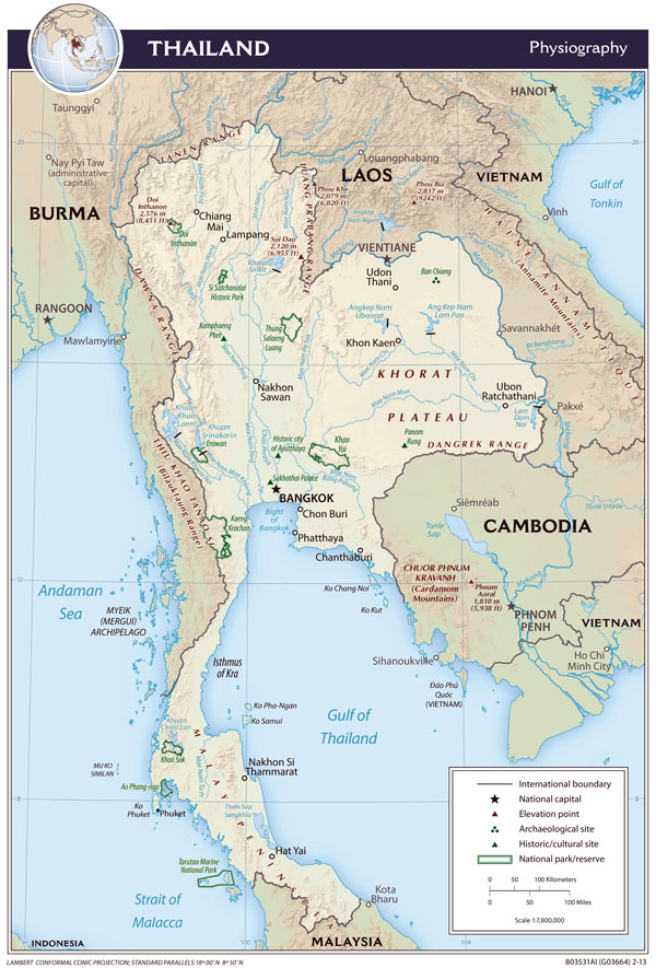 Large detailed physiography map of Thailand - 2013. Thailand large detailed physiography map - 2013. Large detailed physiography map of Thailand - 2013.
