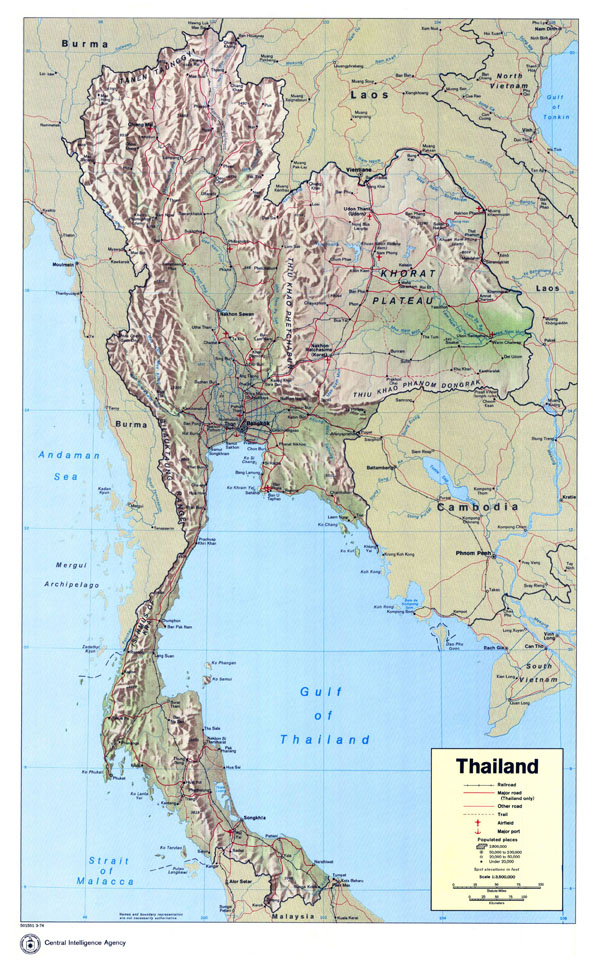 Large detailed political map of Thailand with relief, roads, cities, airfields and sea ports.