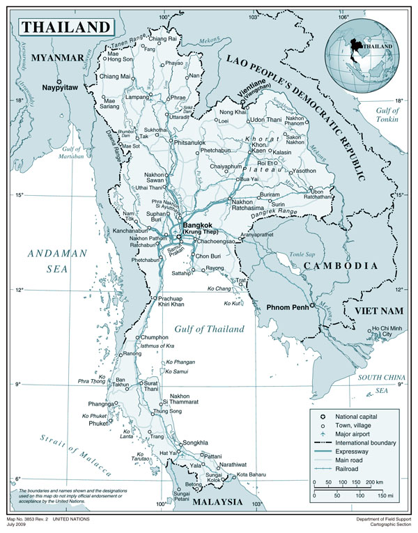 Large detailed political map of Thailand with roads, cities and airports.