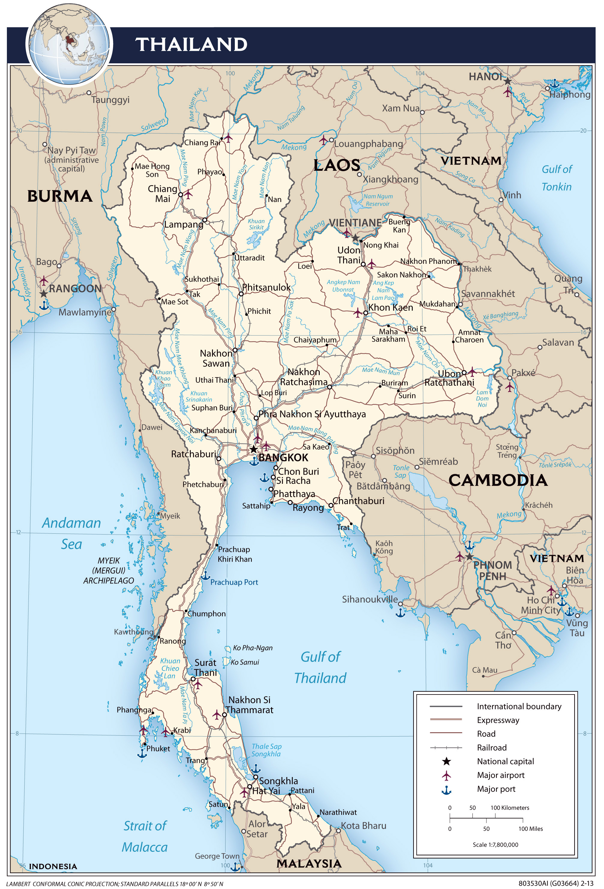 Large Detailed Political Map Of Thailand With Roads Cities And