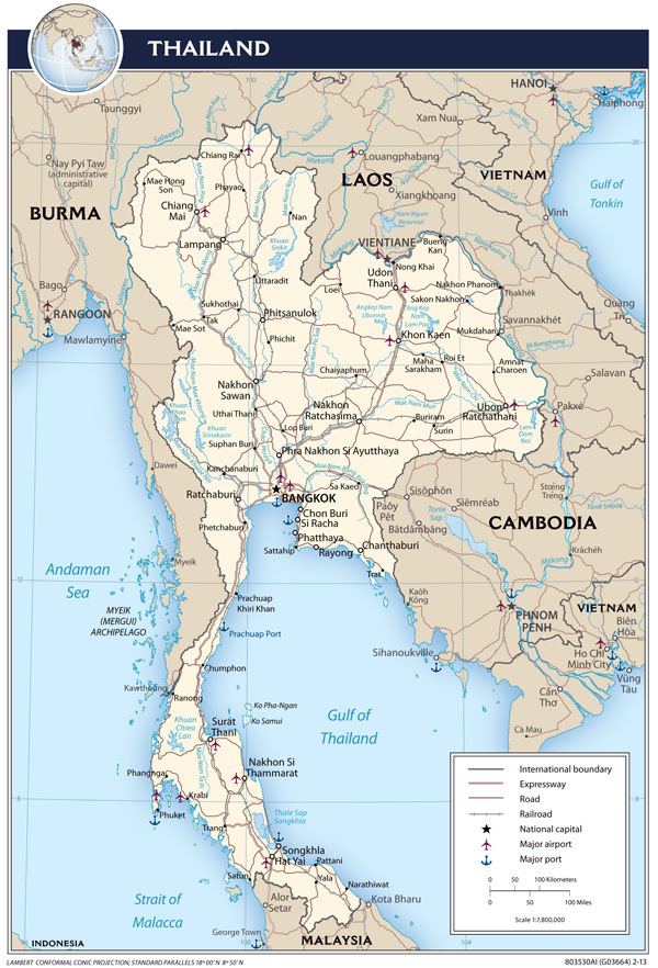 Large detailed political map of Thailand with roads, cities and airports - 2013.