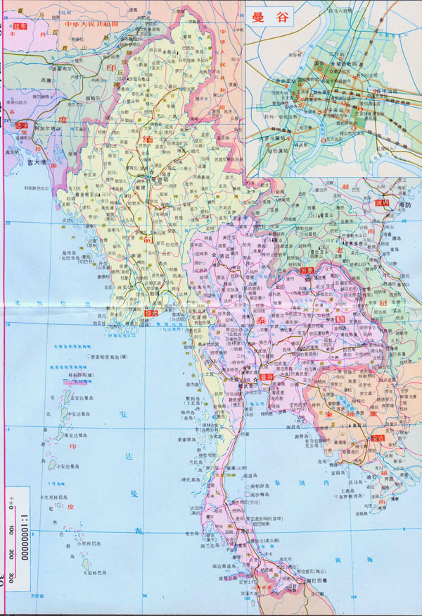 Large roads map of Burma and Thailand in chinese.