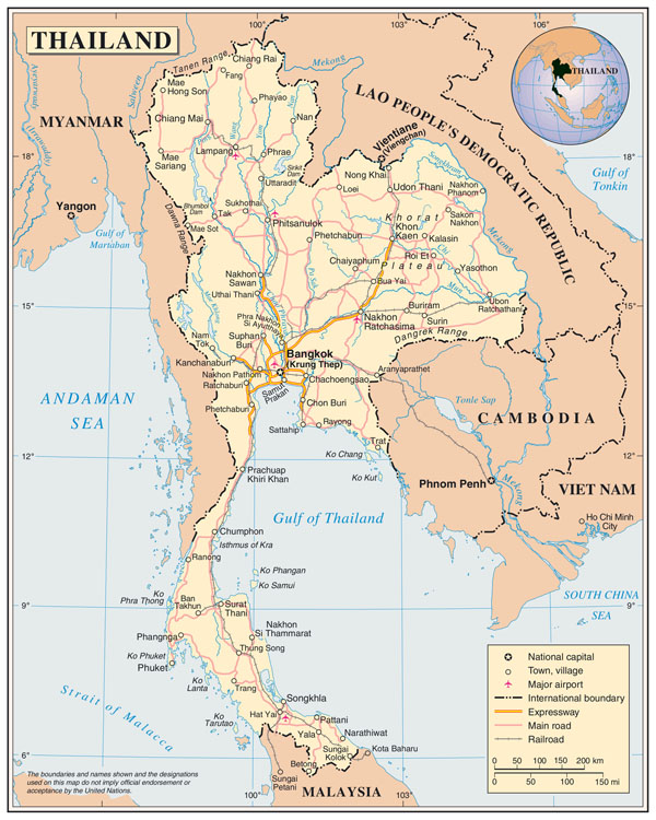 Large scale political map of Thailand with roads, cities and airports.