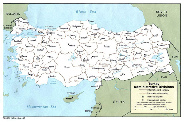 Detailed administrative divisions map of Turkey.