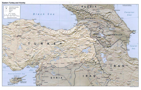 Detailed map of Eastern Turkey and Vicinity with relief.