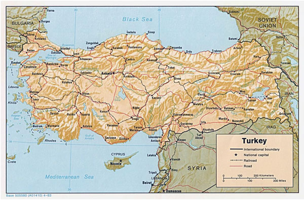 Detailed political map of Turkey with relief.