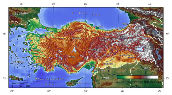 Detailed topographical map of Turkey. Turkey detailed topographical map.