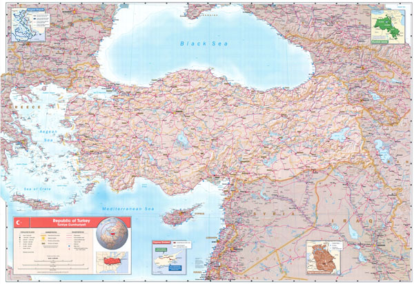 High resolution detailed road and political map of Turkey.