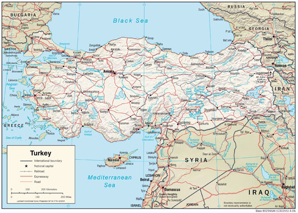 Large detailed physiography map of Turkey with relief, roads and major cities.