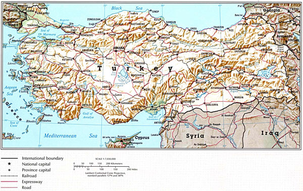 Large detailed relief and road map of Turkey.