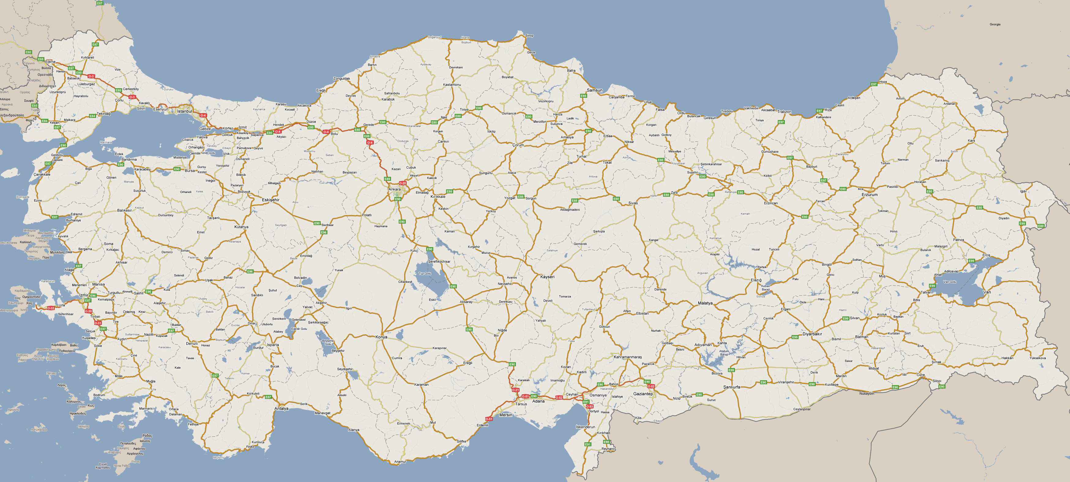 Large detailed roads map of Turkey. Turkey large detailed roads map